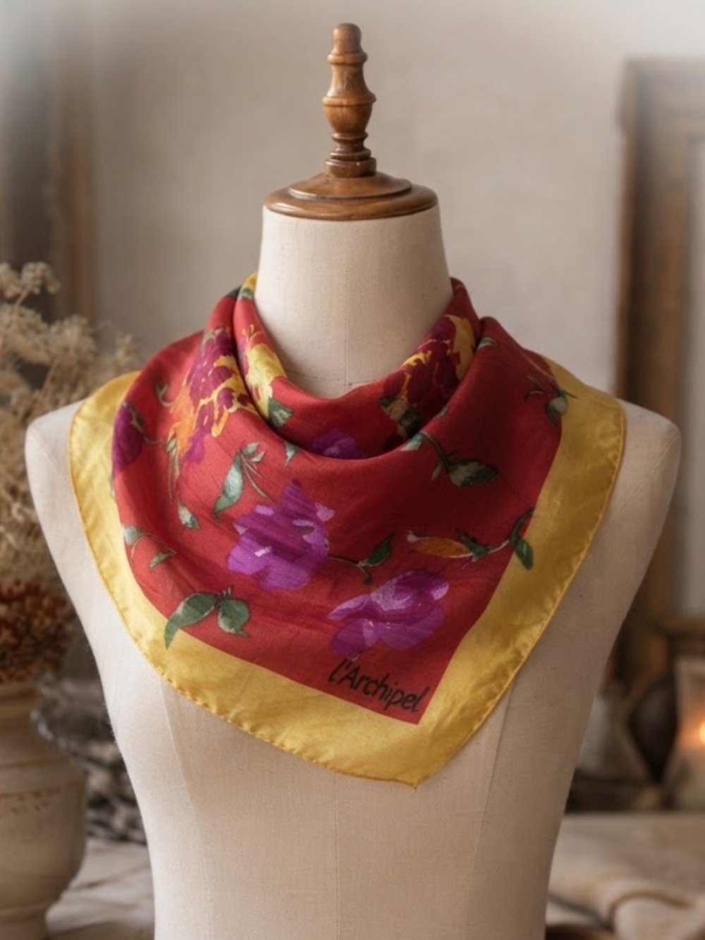 L'Archipel Vintage 100% Silk Floral Scarf Red Gold Hand Rolled Hem